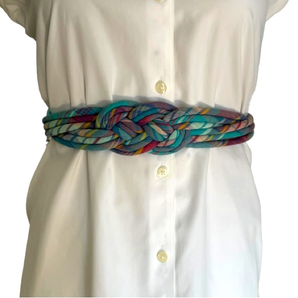 Vintage 80s Braided Madras Plaid Cinch Waist Belt Brass Buckle Adjustable Length - Picture 9 of 9